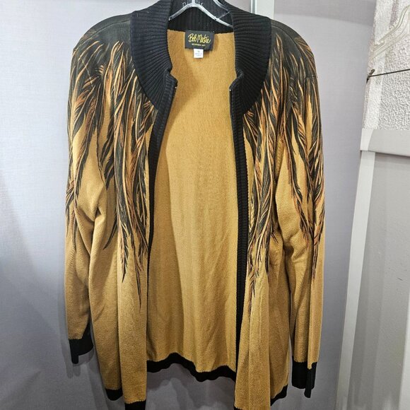 Bob Mackie Cardigan Sweater Plus 1X Wearable Art Feather Zip-Up Ribbed Knit - Picture 7 of 10